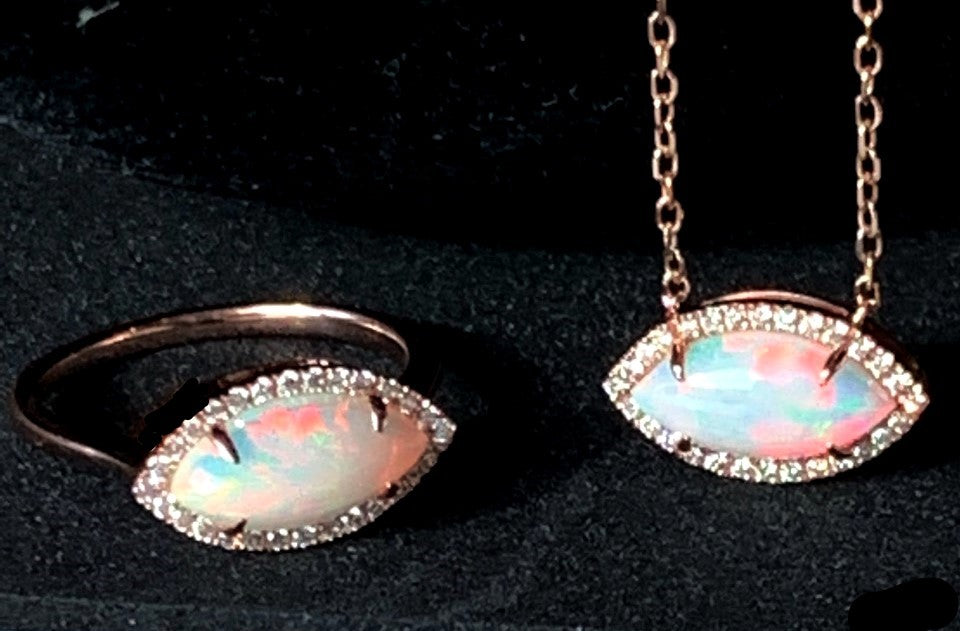 14k gold marquise shape Ethiopian opal & diamond necklace MN3437