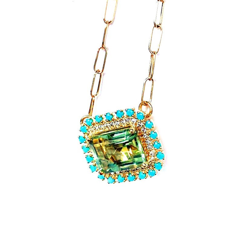 14k emerald green amethyst, turquoise & diamond necklace MN0755YAMG
