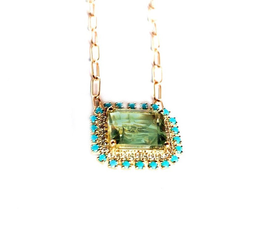 14k emerald green amethyst, turquoise & diamond necklace MN0755YAMG