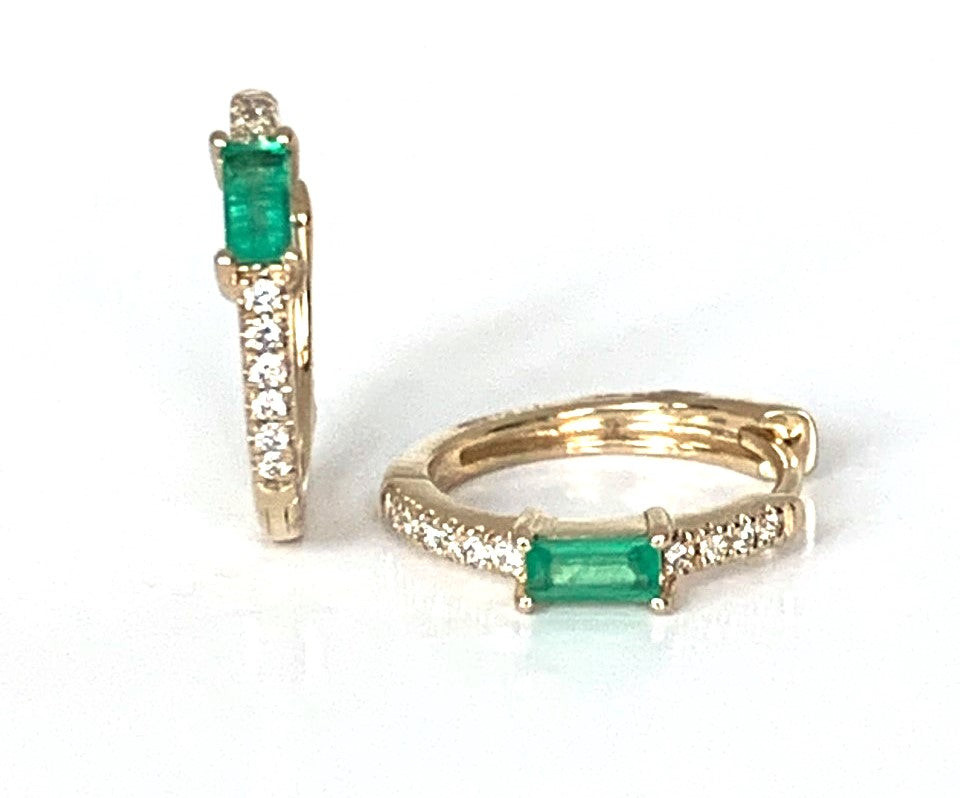 14K gold baguette emerald & diamond mini hoop earrings ME2421DE