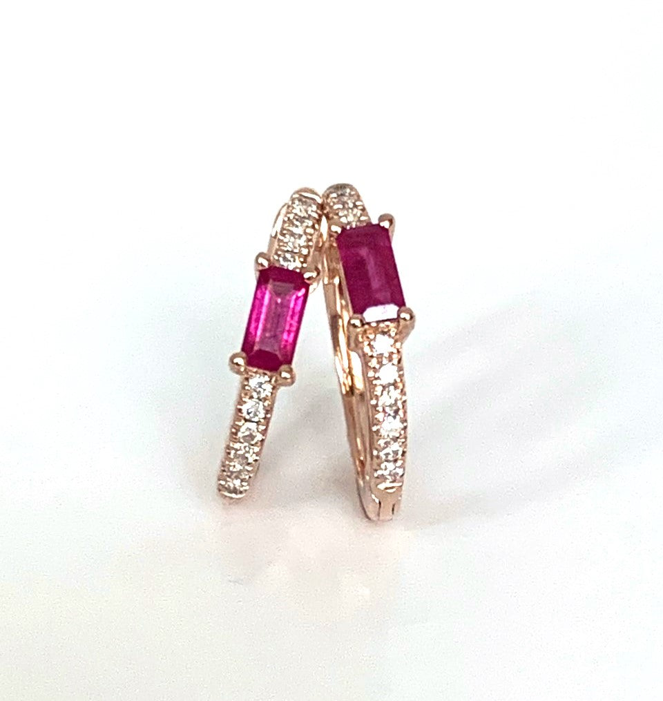 14K gold baguette ruby & diamond mini hoop earrings ME2421DR