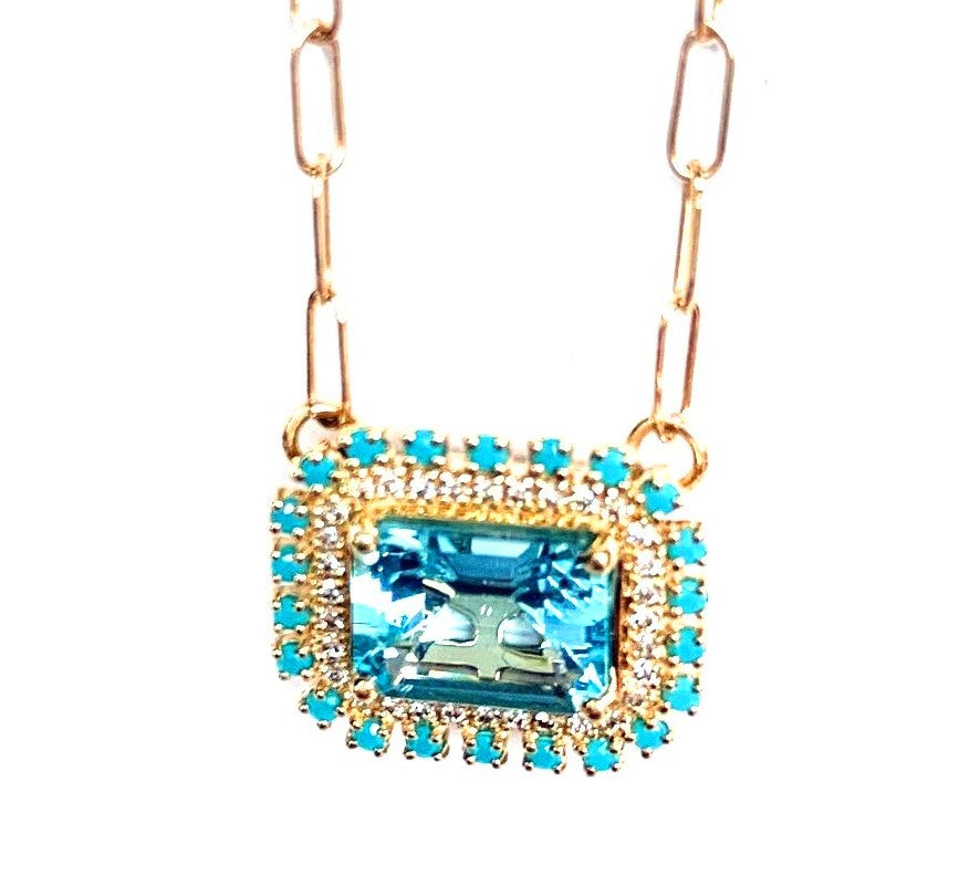 14k emerald cut blue topaz, turquoise & diamond necklace MN0755YBT