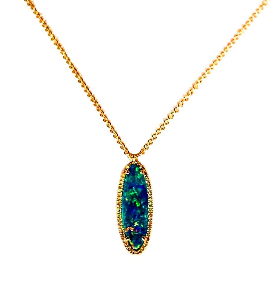 14k gold elongated oval shape opal and diamond necklace MN26193OP