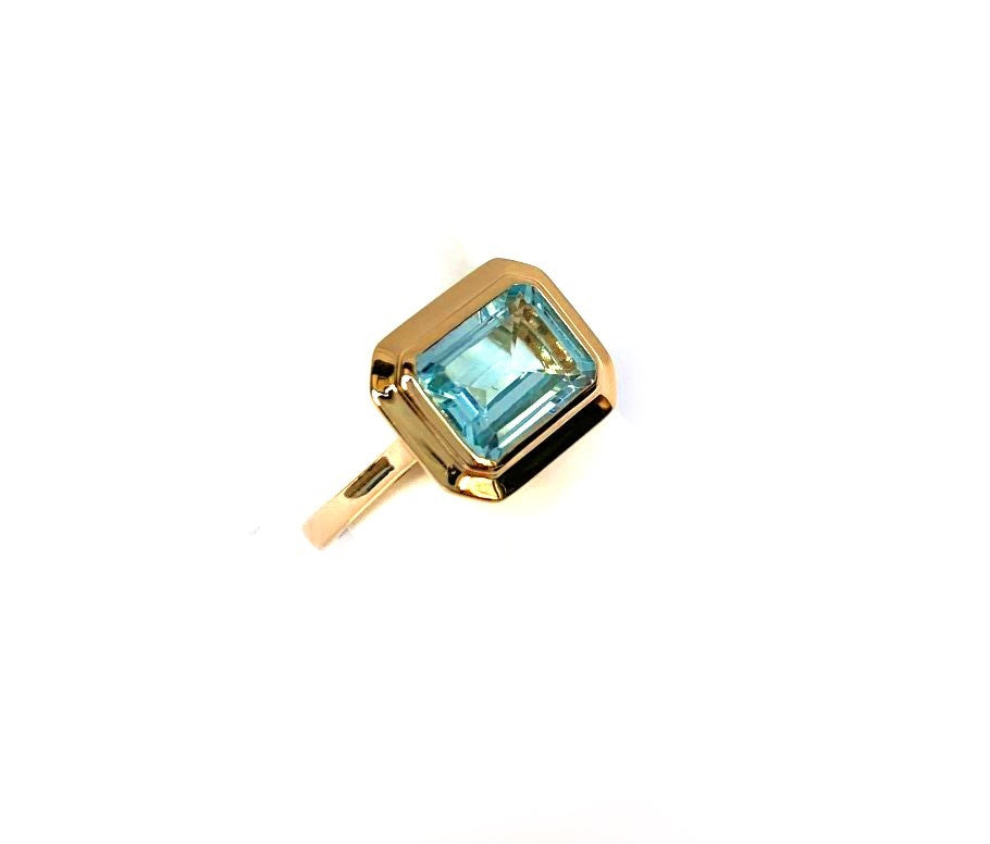 14k gold emerald cut blue topaz fashion ring MR5055BTY