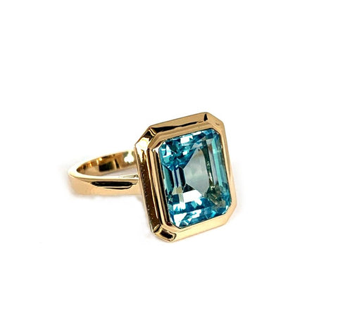 14K emerald cut blue topaz earring surrounded by turquoise & small brilliant diamonds ME2433ybt