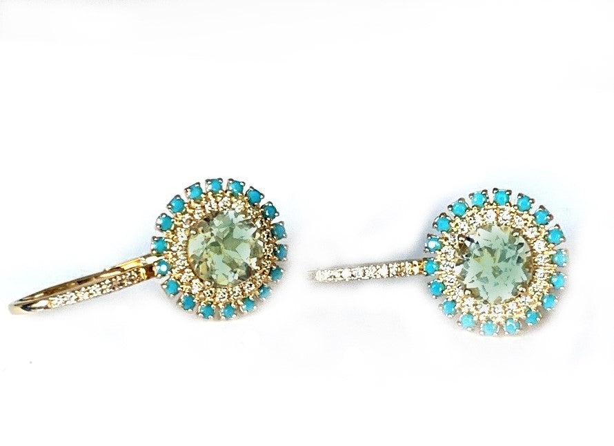 14K round turquoise & green amethyst diamond earrings ME2434YAMG