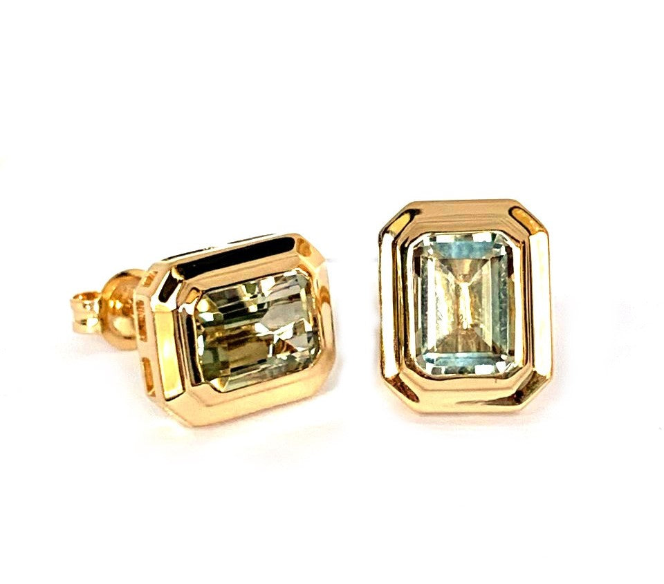 14k gold emerald cut blue topaz earrings ME2496BT
