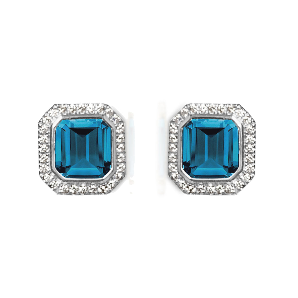 Aretes de diamantes con topacio azul londres con cojín en oro de 14k ME2315