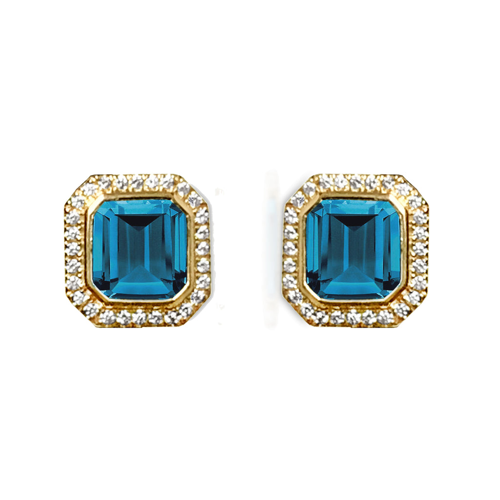 Aretes de diamantes con topacio azul londres con cojín en oro de 14k ME2315