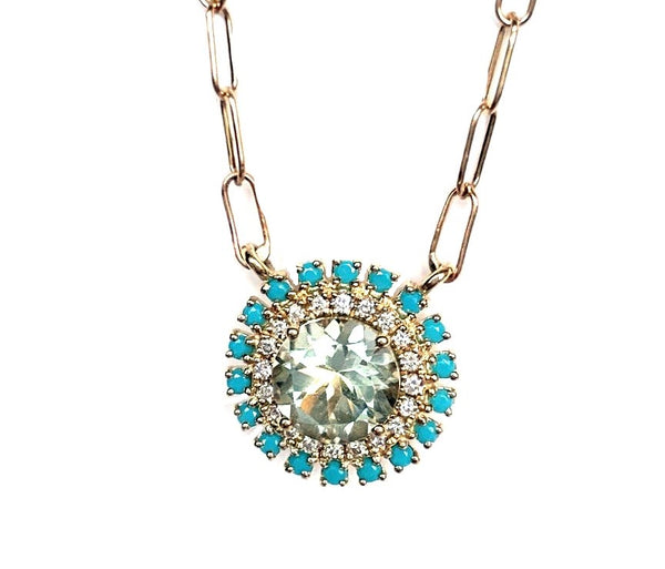 14k round turquoise, geen amethyst & diamond necklace MN0756YAMG