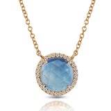 Collar de oro de 14 quilates con halo redondo de diamantes y topacio azul MN22498BT