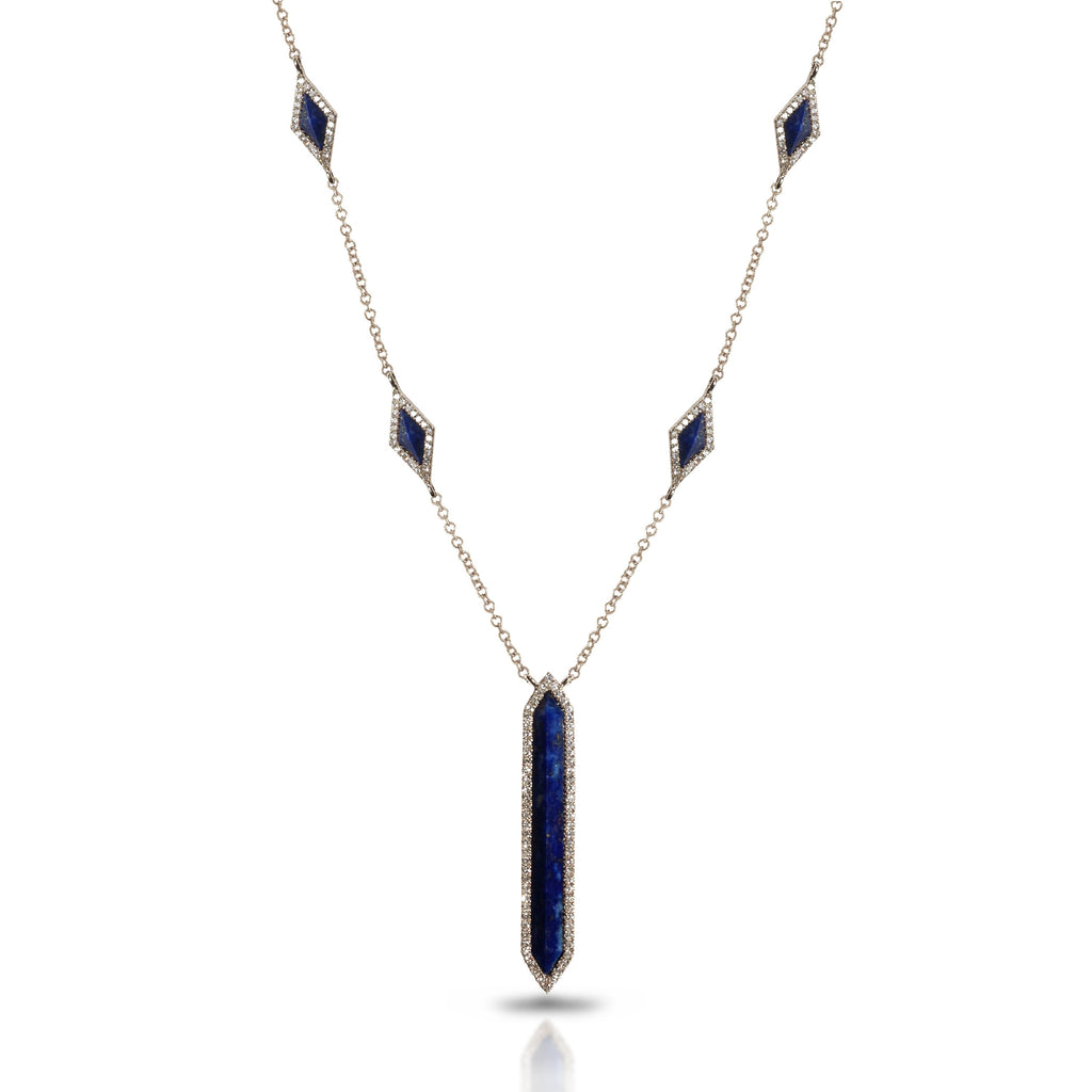 Collar Art Deco de Oro de 14k con eslabones de lapislázuli y diamantes azules MN71430