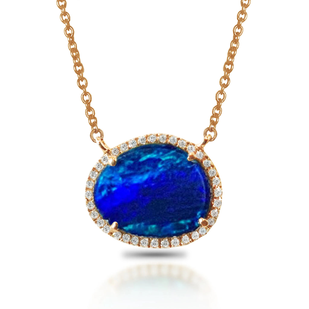 14k oval shape blue opal halo necklace MN71678OP