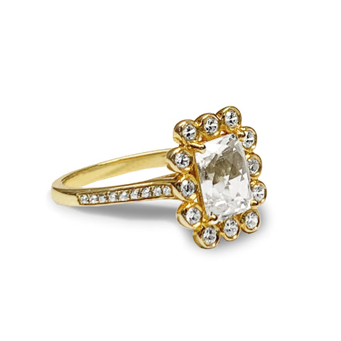 Anel de noivado de topázio branco com diamantes e trevo de ouro fosco 14k MR45176