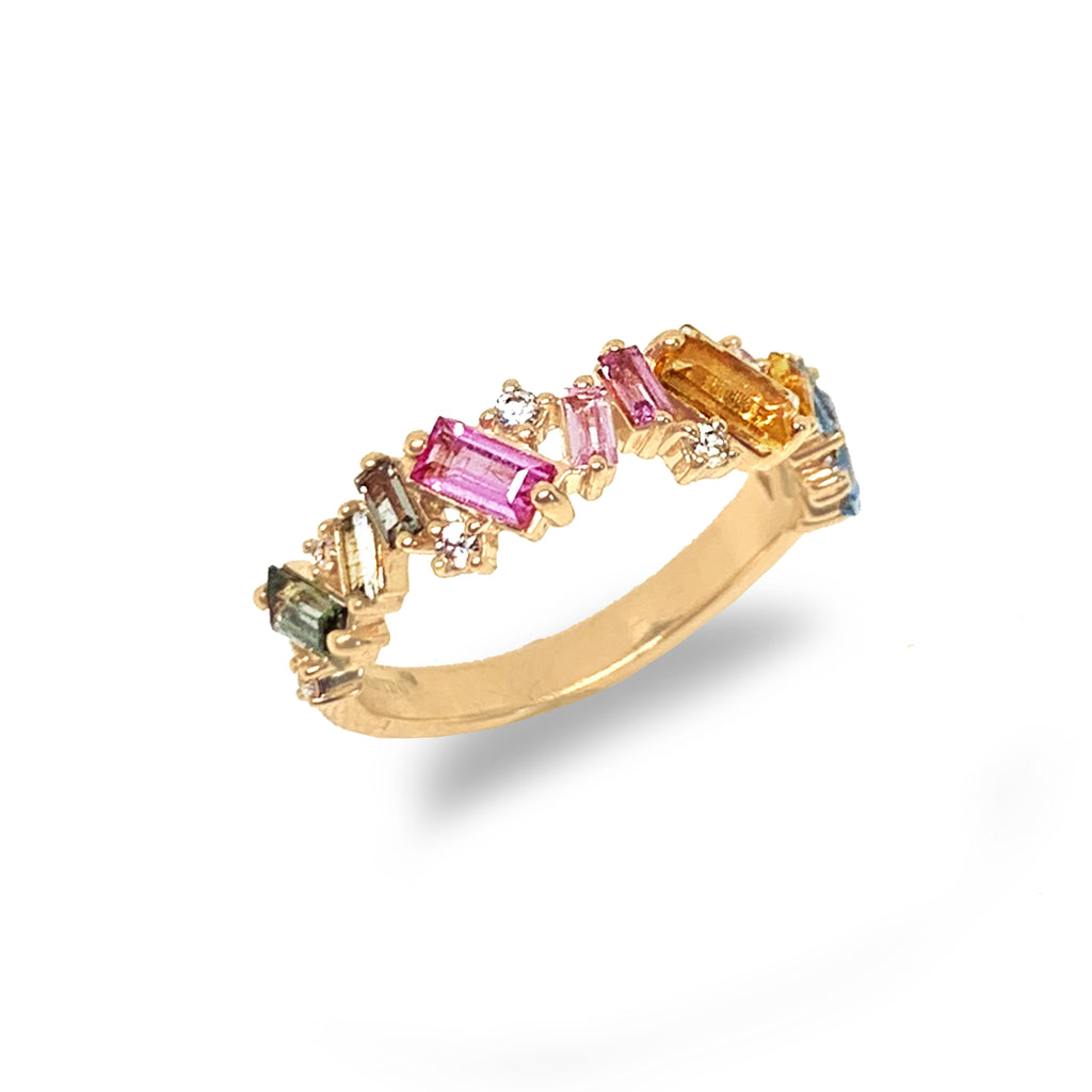 Banda de moda baguette multicolor con diamantes en oro de 14k MR4446