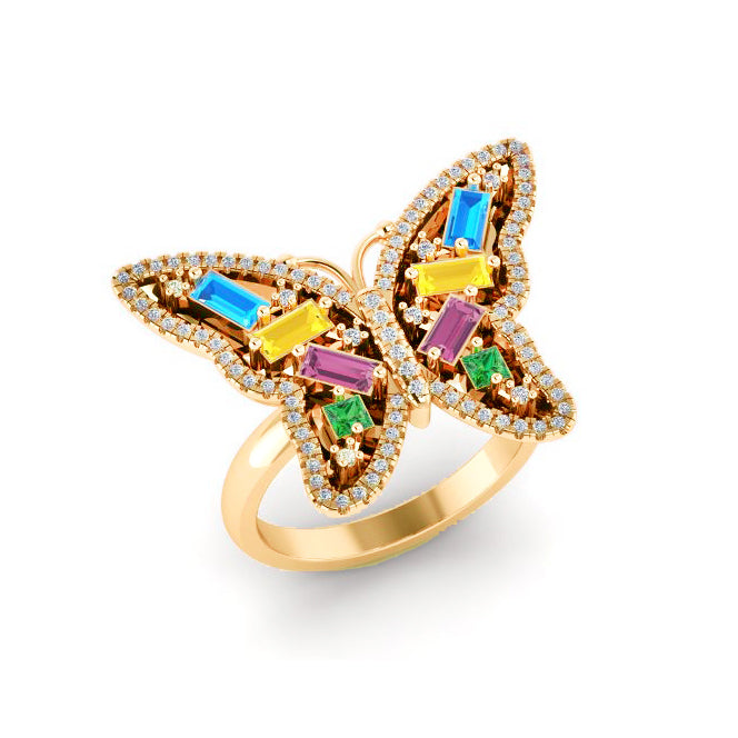 Anillo de mariposa de moda baguette multicolor de oro de 14k MR4449