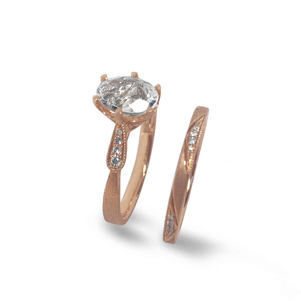 14K Brushed Gold Diamond Oval White Topaz Engagement Ring MR45160