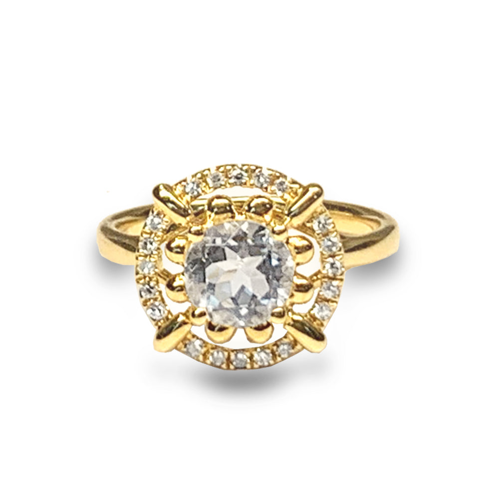 Anillo de compromiso con topacio blanco y diamante vintage en oro de 14k MR45178