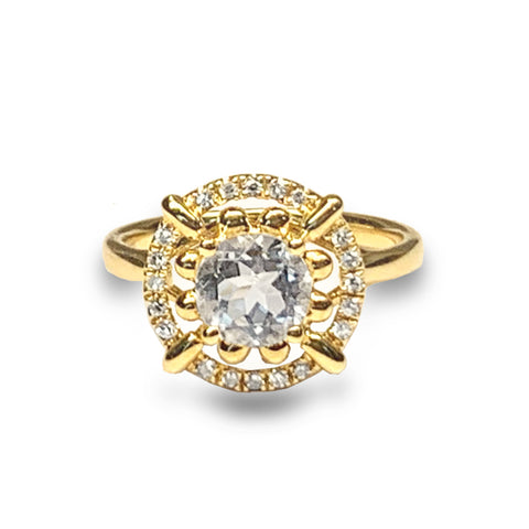 Anillo de compromiso con topacio blanco ovalado con diamantes en oro cepillado de 14K MR45160