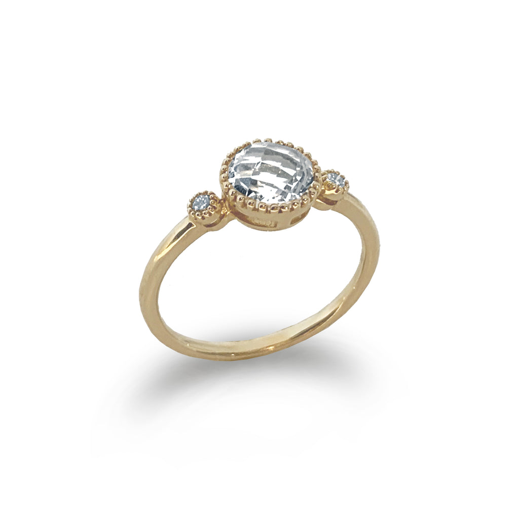 Anillo de compromiso de moda de diseñador con topacio blanco y diamante en oro de 14k MR45624A