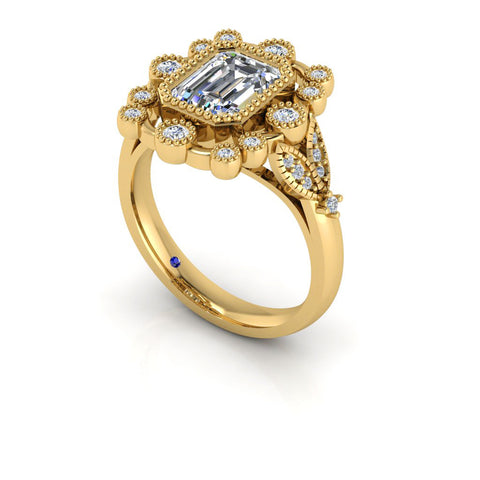 Anel de montagem semi-ouro 14k com diamante de corte redondo estilo Art Deco MR4659