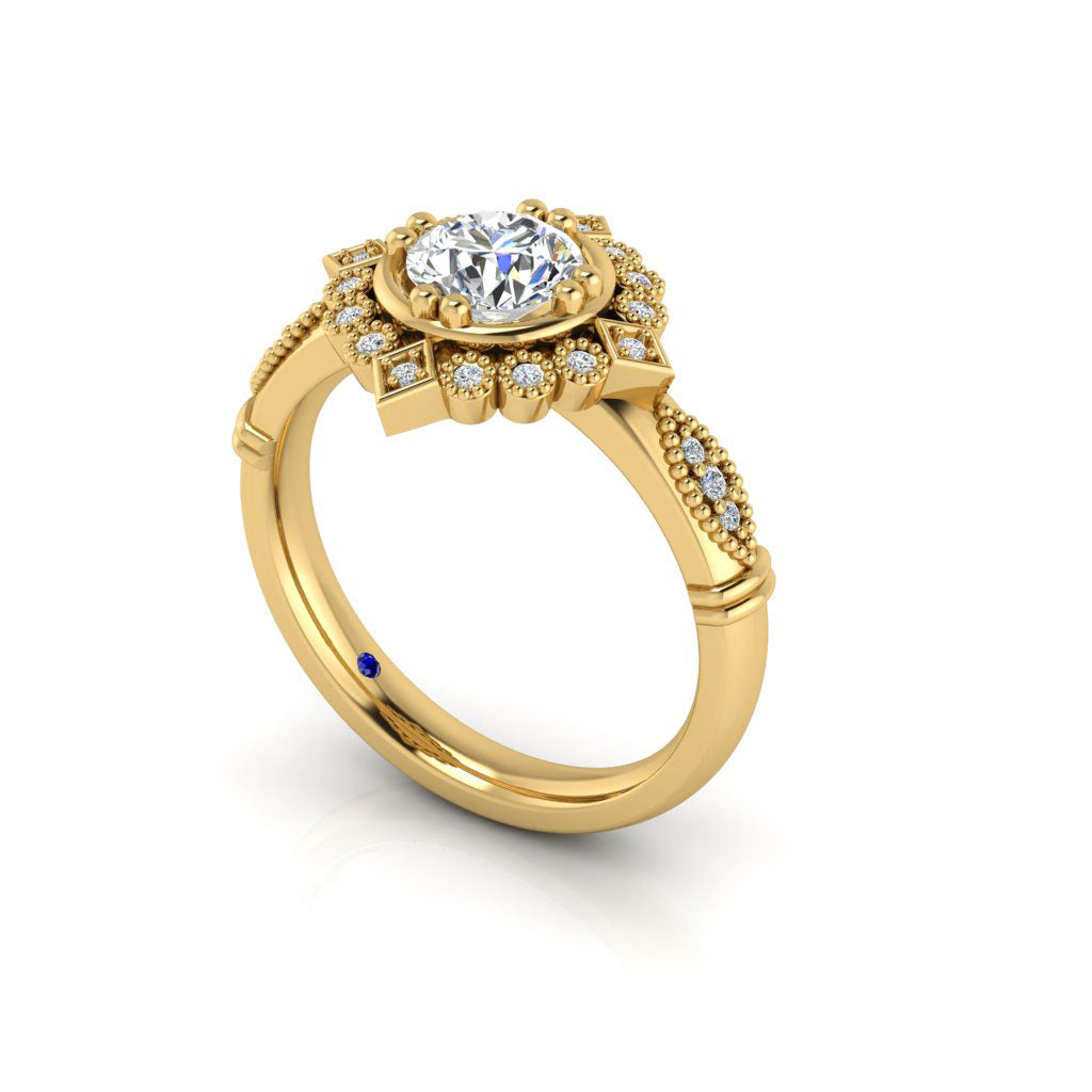 Anel de semi montagem de diamante com corte esmeralda em ouro 14k Art Déco MR4660