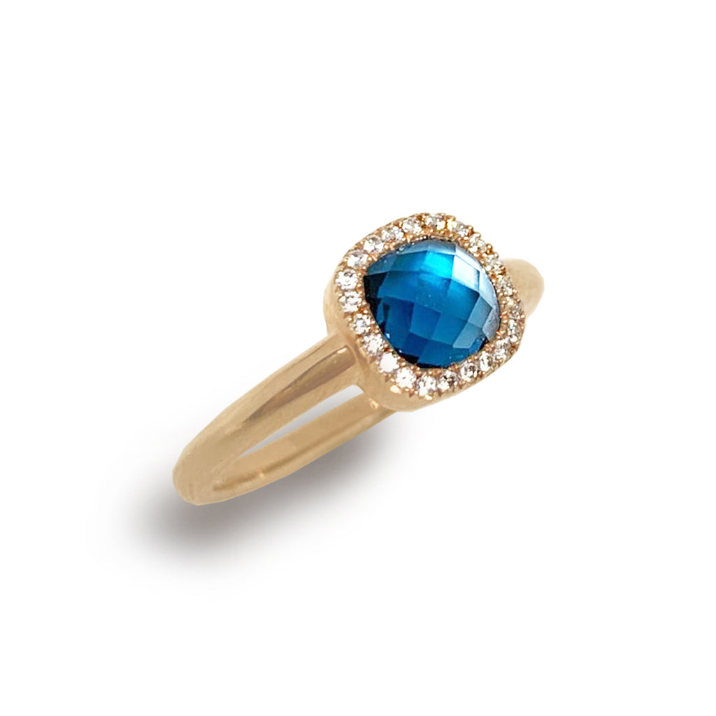 Almofada de ouro 14K London Blue Topaz Doublet Fashion anel de noivado R8489