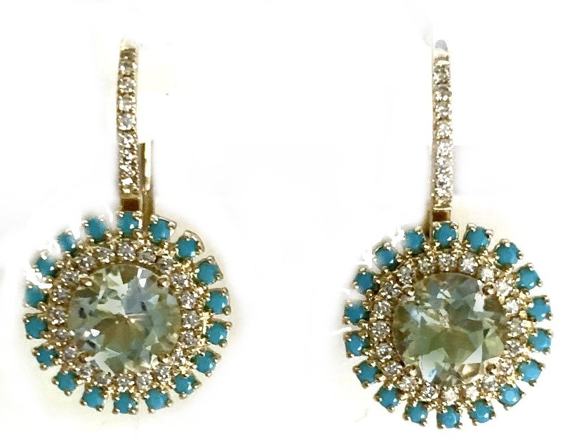 14K round turquoise & green amethyst diamond earrings ME2434YAMG