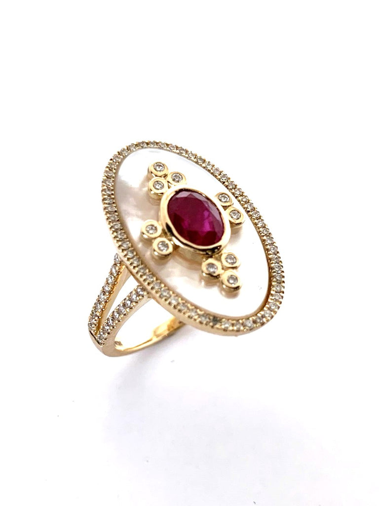 14k gold mother of pearl, ruby & diamond fashion ring MR4880